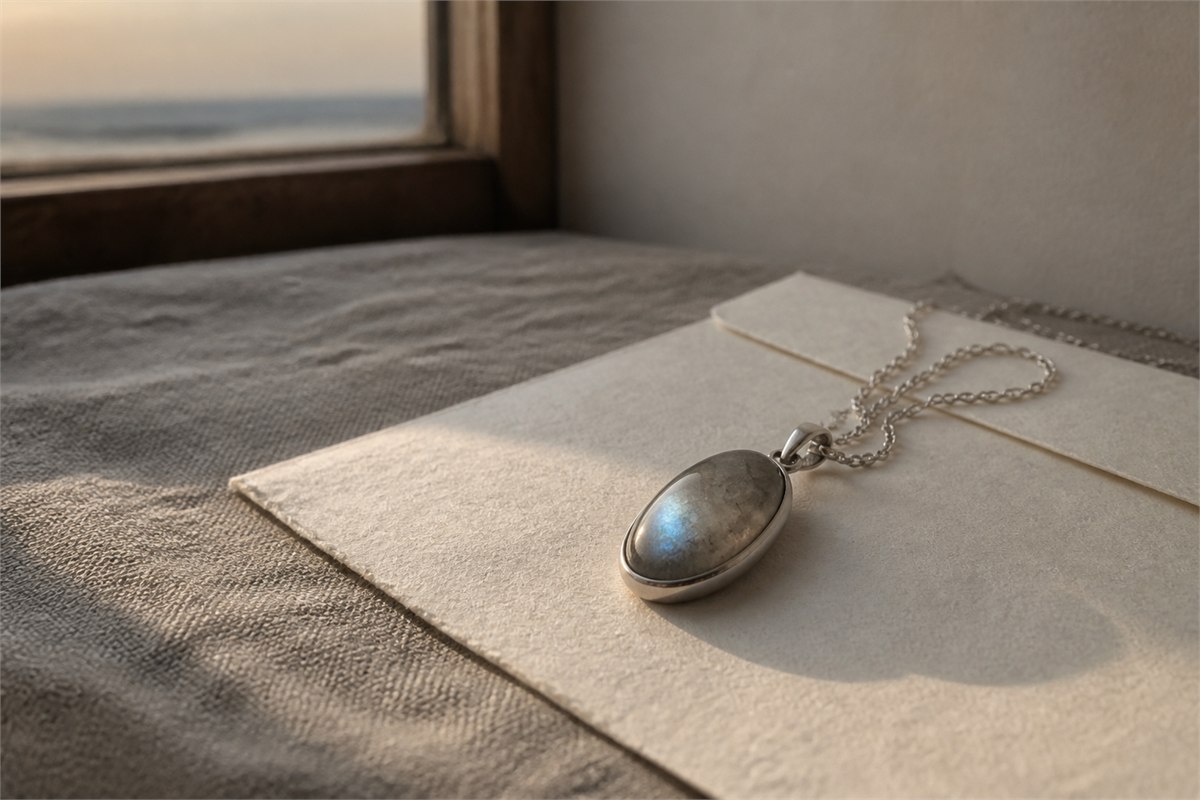Gray feldspar cabochon pendant on blank handmade paper in soft early morning window light