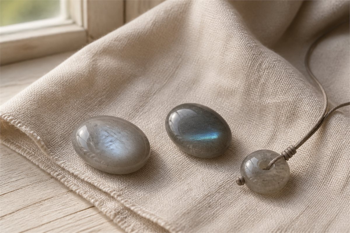 Three gray feldspar jewelry stones showing a soft billow, directional blue flash, and drilled bead on ivory linen