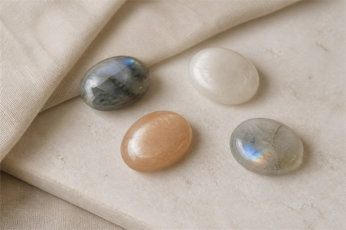 Four separate gray, white, peach, and pale iridescent feldspar cabochons arranged on ivory linen