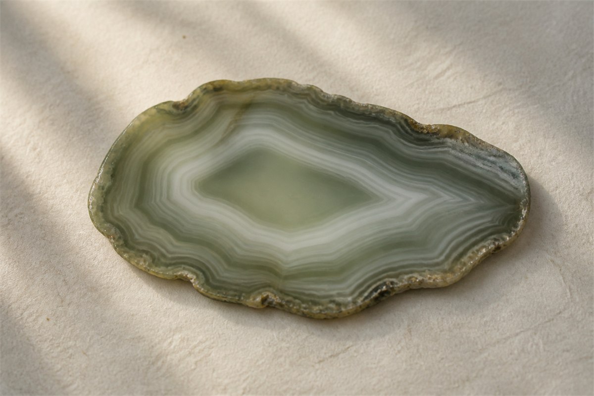 Polished green agate slice with curved sage and gray-green bands