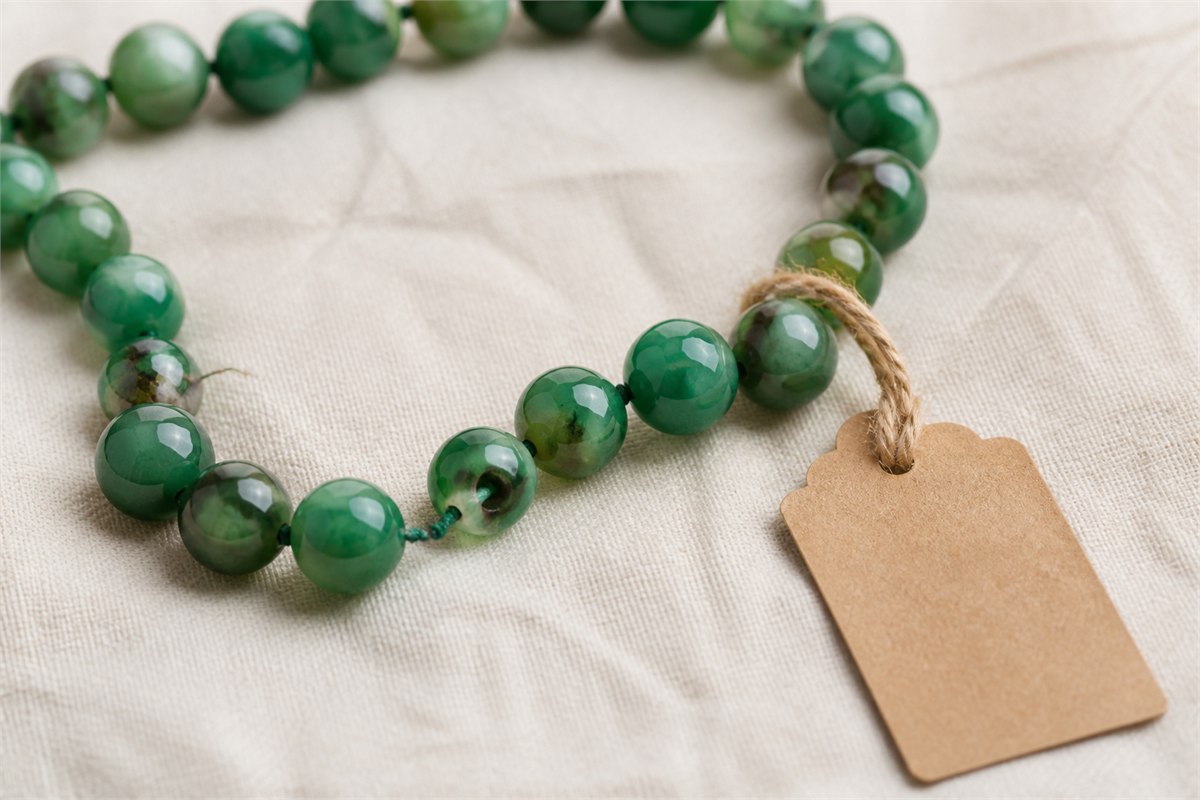 Vivid green agate bead strand with visible drill holes and a blank kraft tag