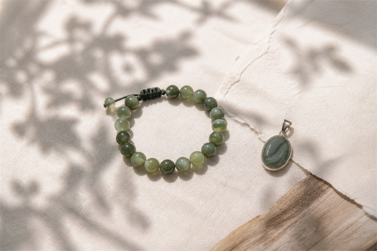 Green agate bead bracelet and oval pendant on ivory linen in soft morning light