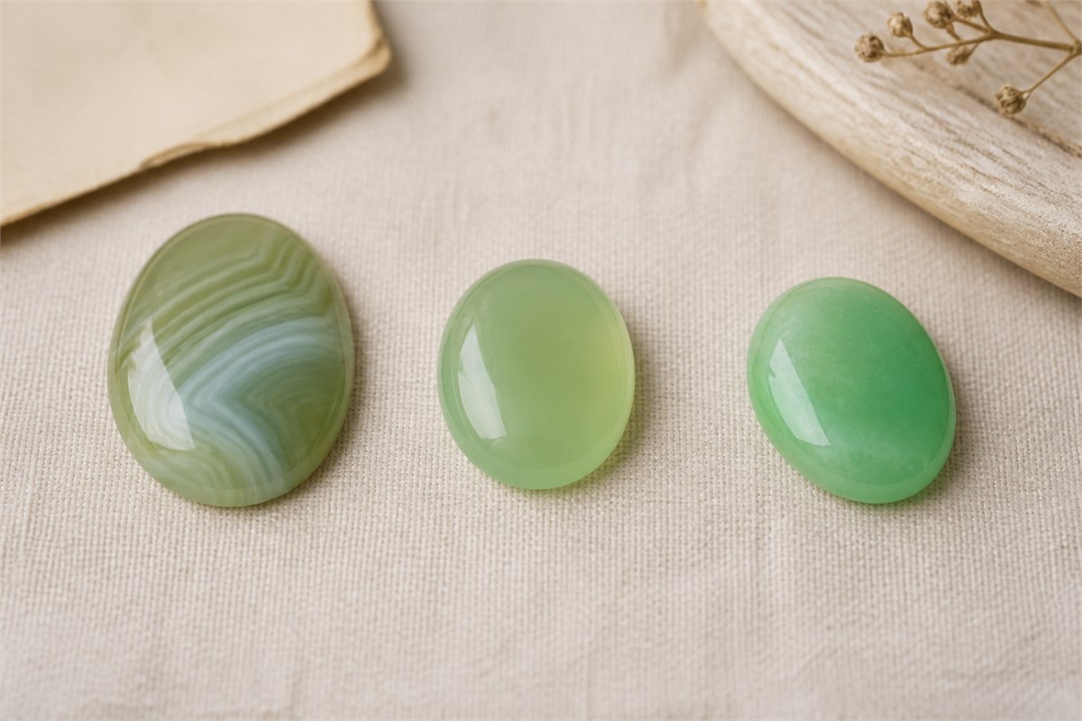Three green cabochons showing banded agate, uniform chalcedony, and apple-green chrysoprase appearances