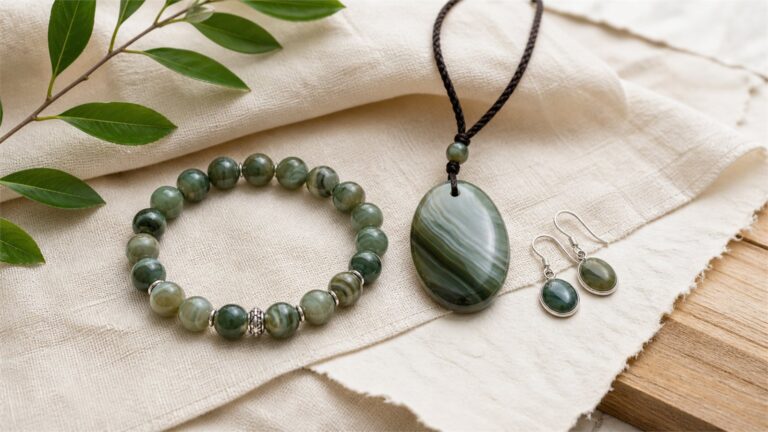 Green agate bracelet, pendant, and earrings arranged with a leafy branch on ivory linen