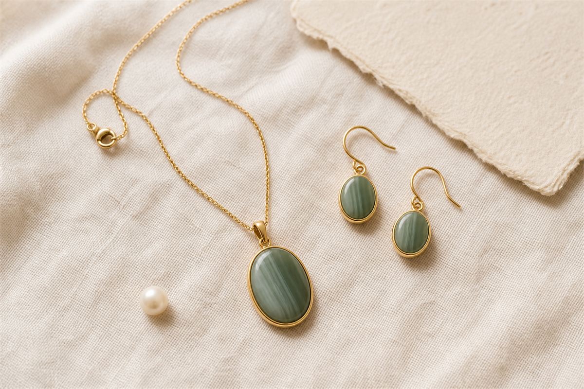 Green agate pendant necklace and matching pair of drop earrings on ivory linen