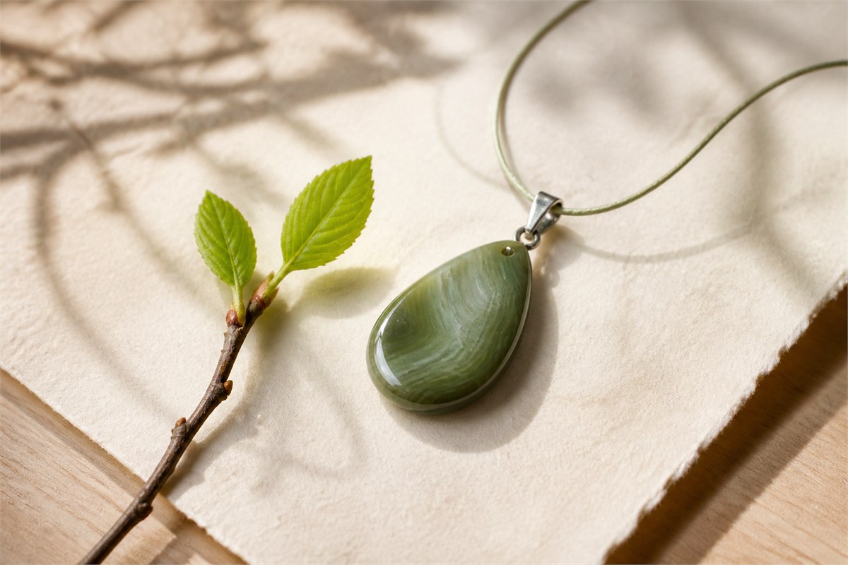 Green banded agate pendant beside a fresh two-leaf spring twig on handmade paper