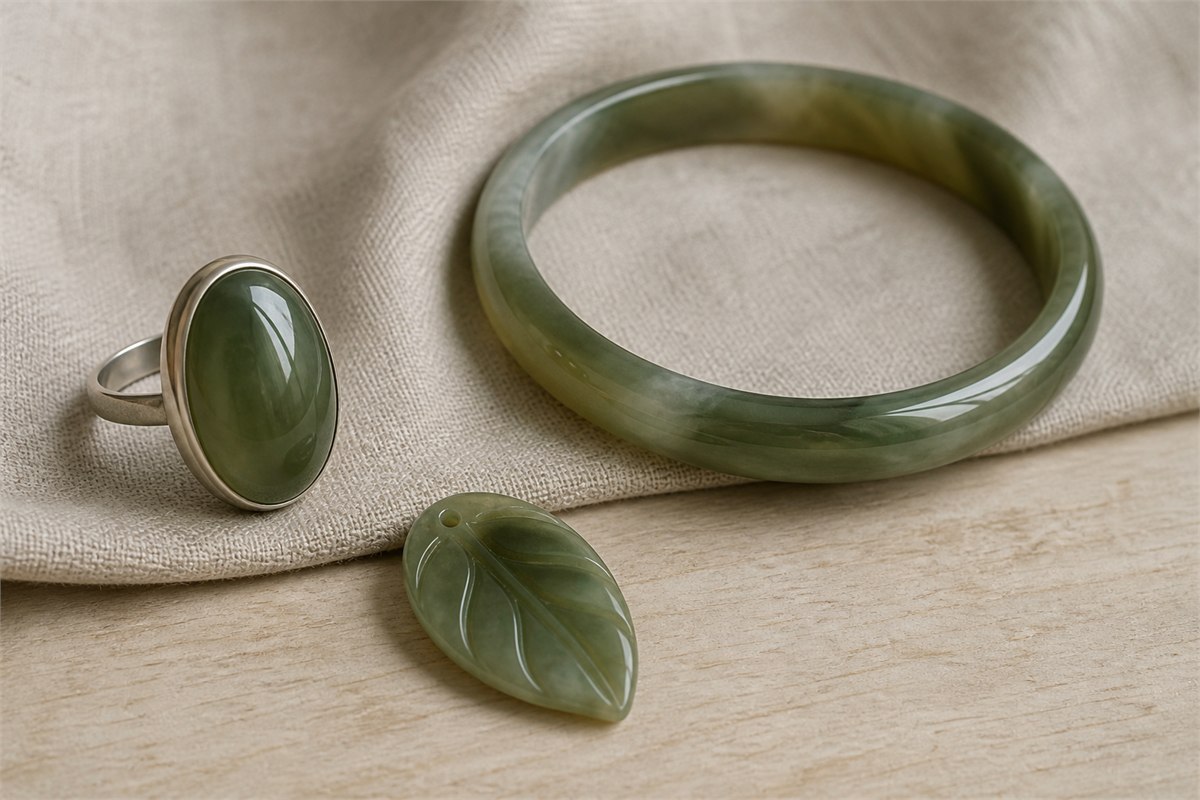 Green agate cabochon ring, polished bangle, and small leaf carving on neutral linen