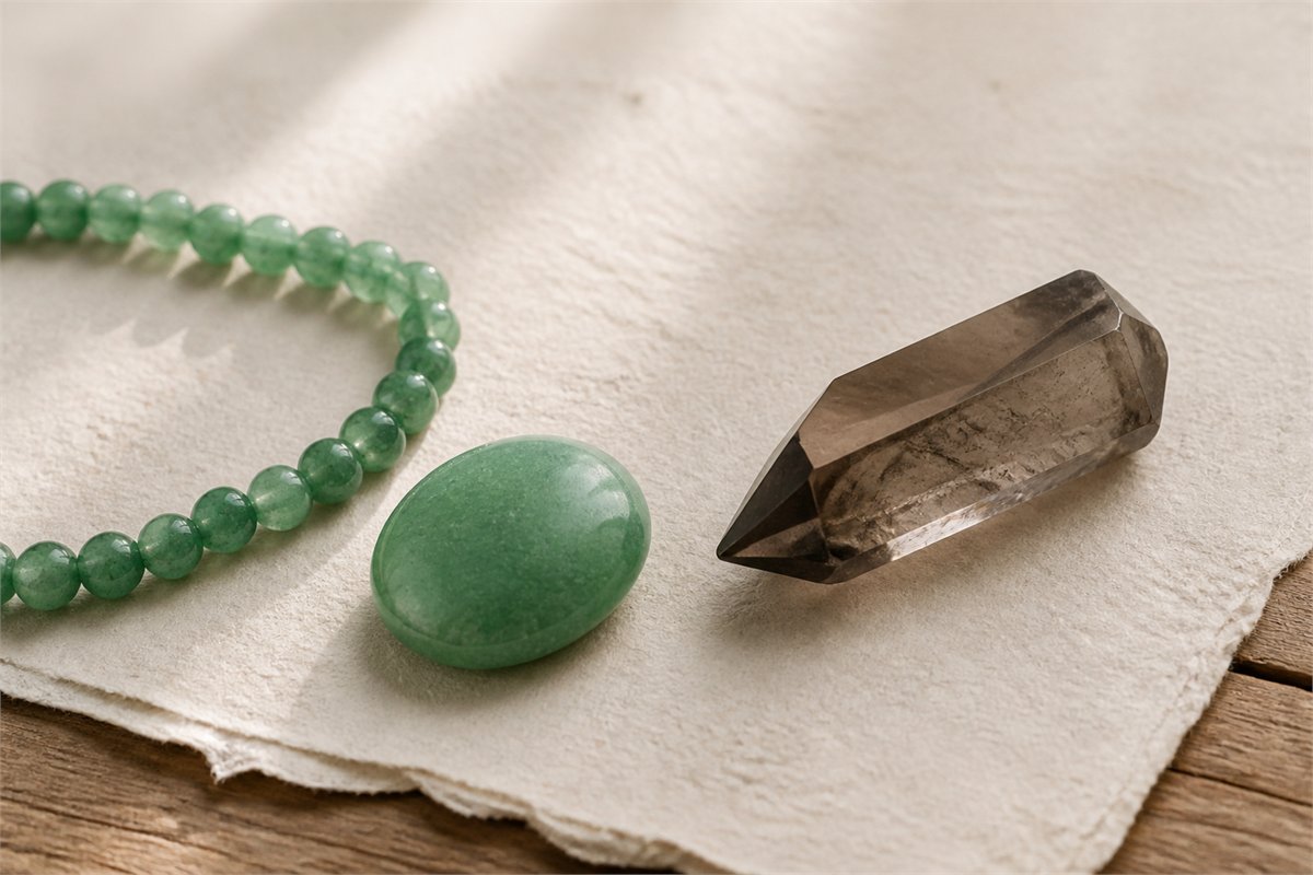 Green aventurine beads and cabochon beside a transparent tea-gray smoky quartz point.