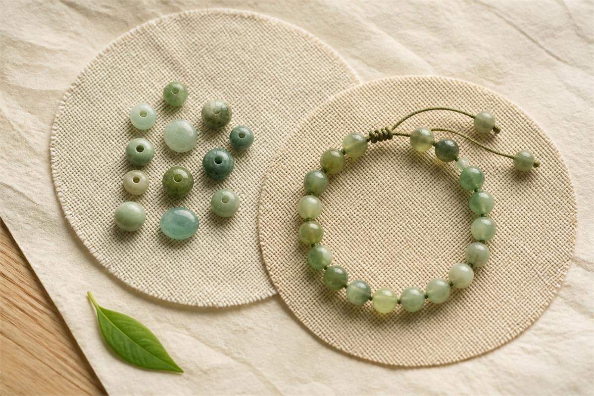 Loose muted-green beads and a simple bracelet on separate woven mats