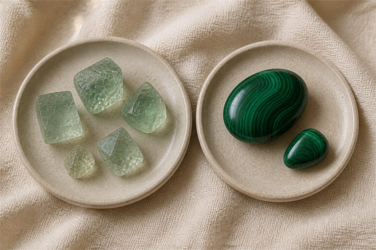 Pale translucent green fluorite pieces beside opaque banded malachite stones