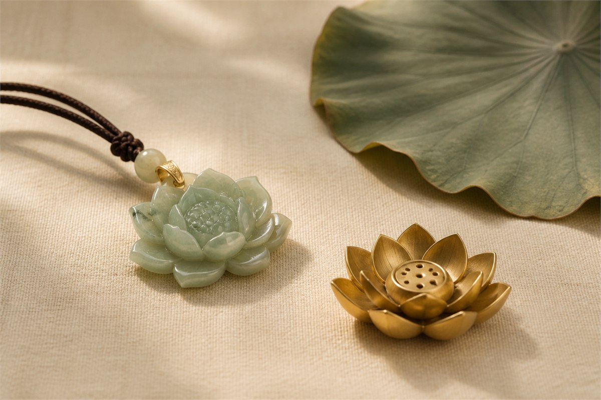 Pale green carved lotus pendant beside a matte gold lotus-shaped holder on ivory linen