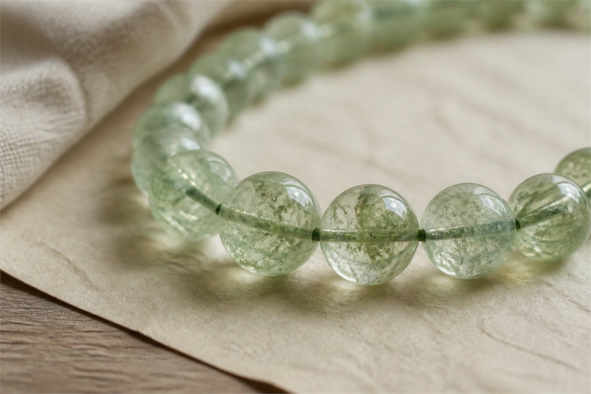 Close view of green translucent beads with aligned drill holes and continuous cord