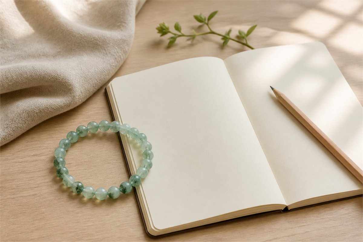 Green bead bracelet beside a blank notebook, pencil, and small sprig