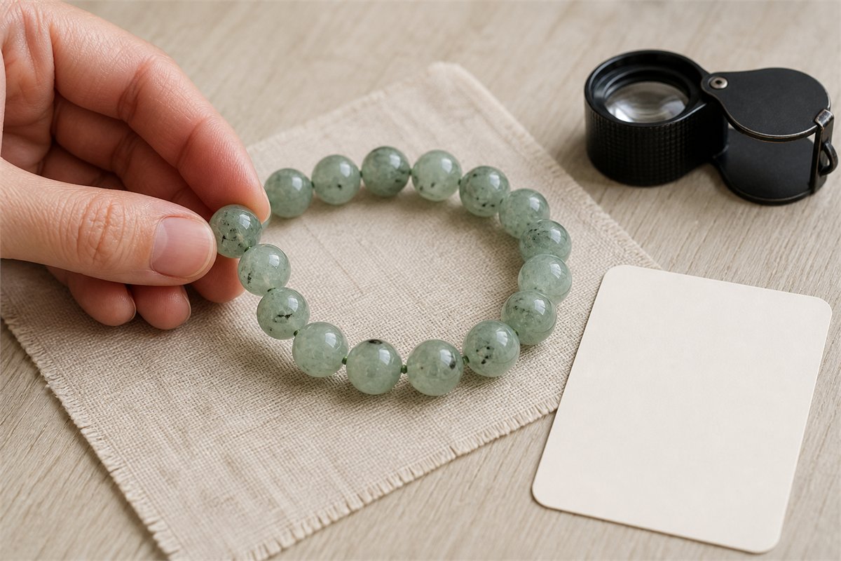 Hand holding a green bead bracelet near a loupe and blank material card