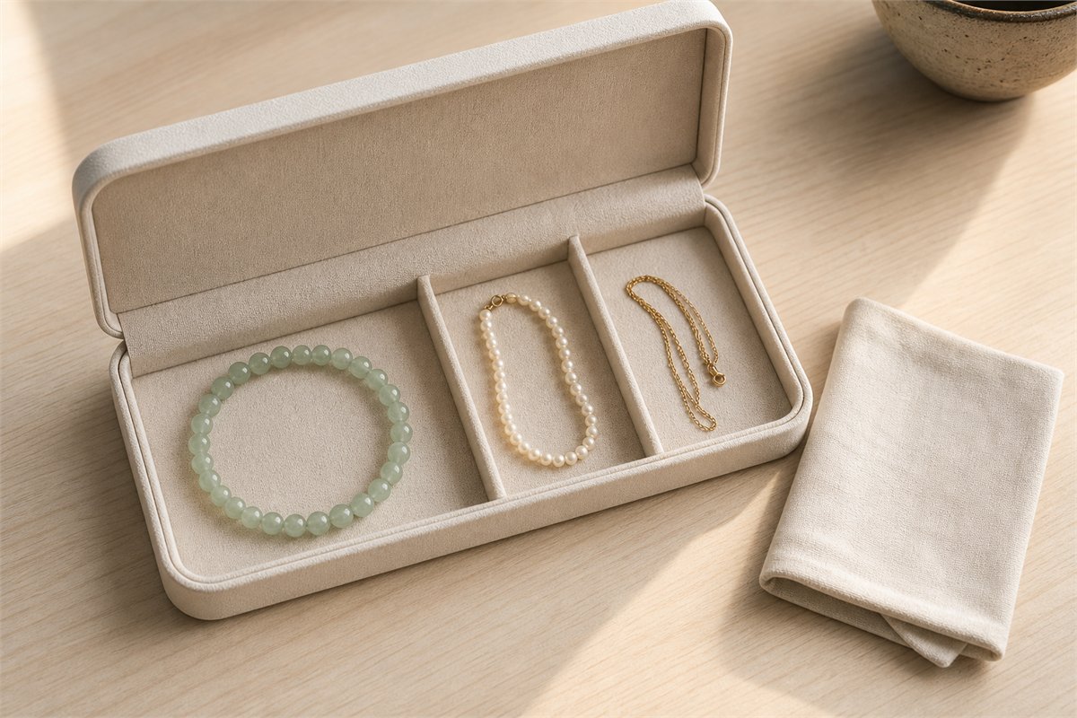 Green bead bracelet, pearl strand, and gold-tone chain stored in separate fabric compartments