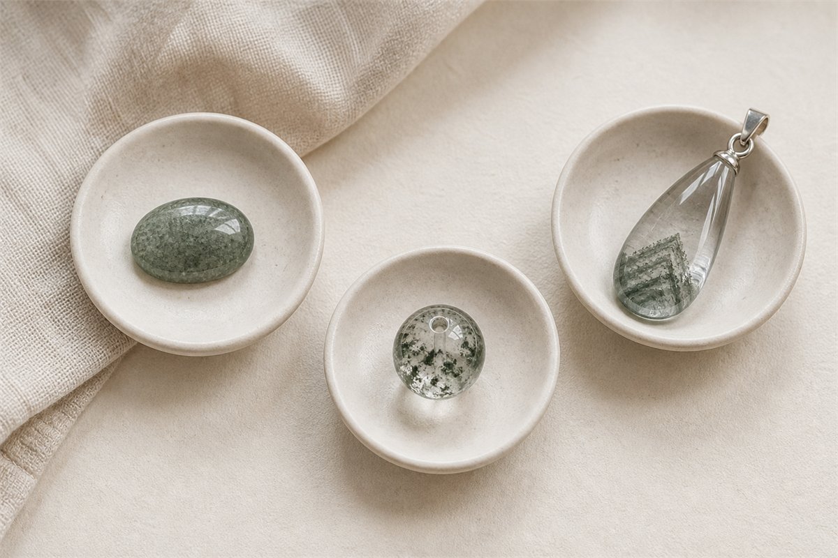 Three separated green jewelry pieces showing granular, included, and layered visual textures