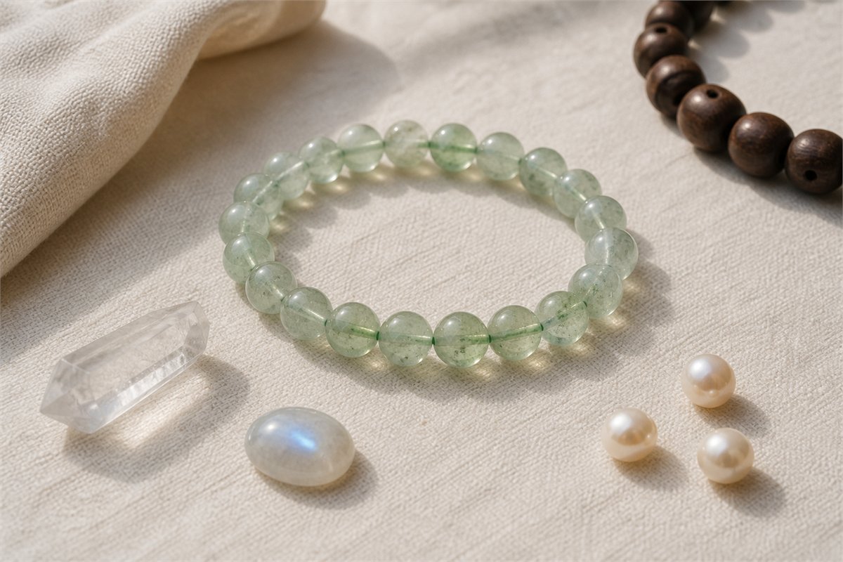 Green bead bracelet with clear quartz, moonstone, pearls, and dark wood beads