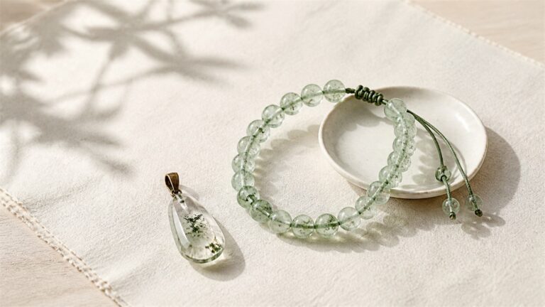 Mint-green included quartz bracelet and pendant on warm ivory linen