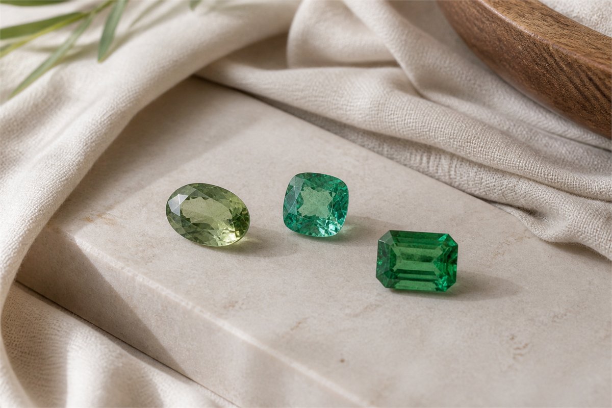 Three faceted green tourmalines in olive, bluish green and deep green tones