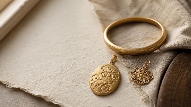 Matte bangle botanical relief pendant and floral filigree charm on warm ivory linen