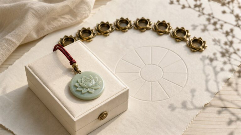 Muted jade lotus pendant on an ivory gift box beside eight empty lotus settings and a twelve-segment paper design