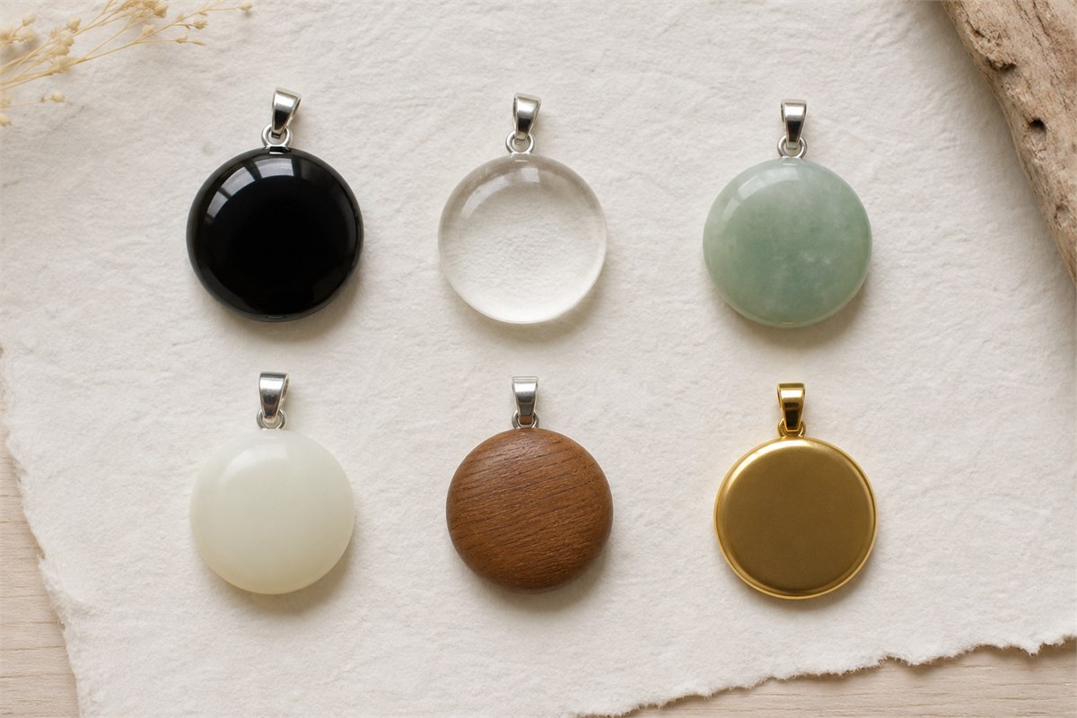 Six round pendants showing black obsidian, clear glass, pale green jadeite, white nephrite, wood, and gold-plated metal