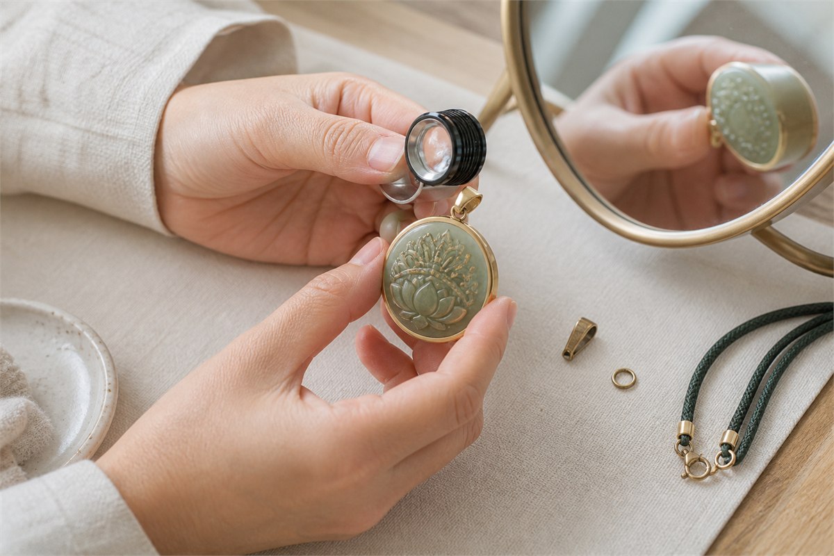 Two hands examining a carved pendant, bail, cord, and mirror view with a loupe