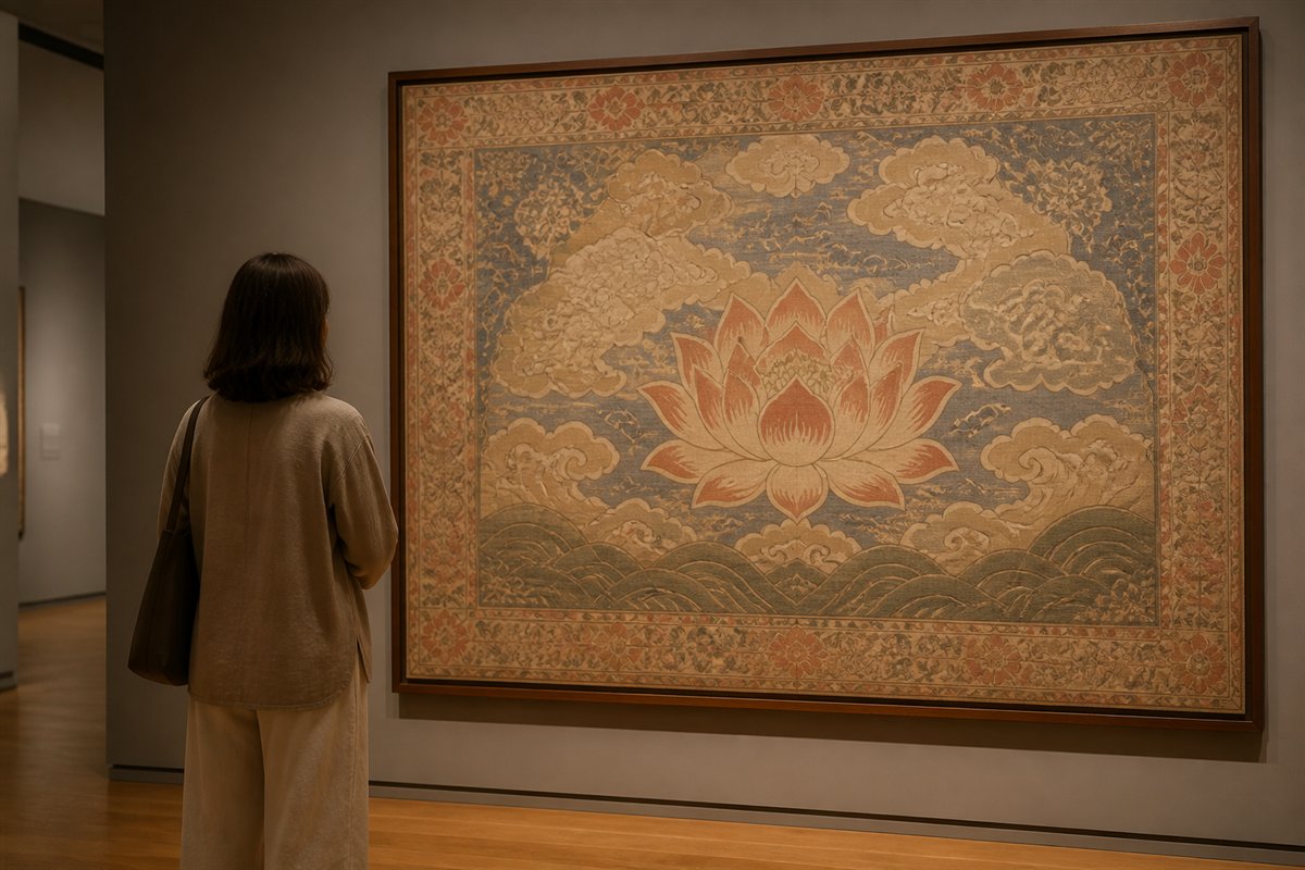 Museum visitor viewing a framed textile with an abstract lotus and cloud motifs