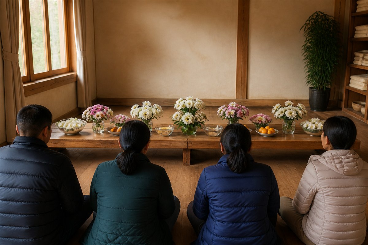 Four people seated before simple flowers, fruit, and water in a warm community room