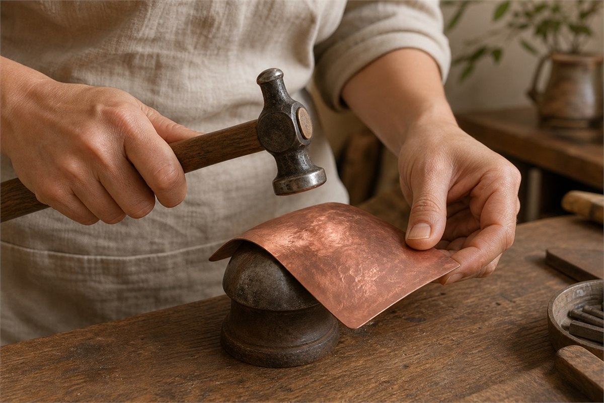 Artisan hands shaping a reddish copper sheet over a rounded metal stake