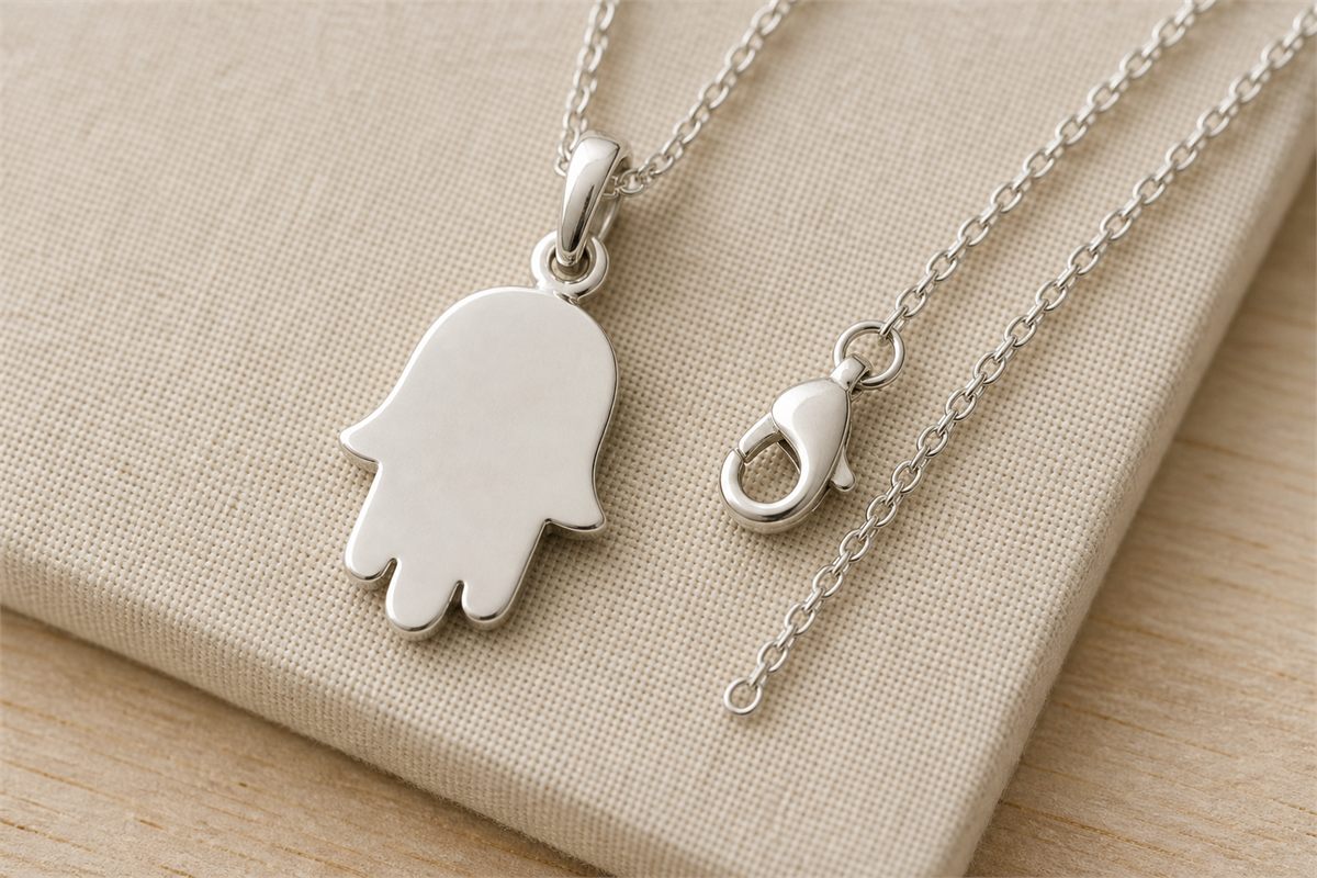 Back of a silver Hamsa pendant with rounded edges, a sturdy bail, chain, and lobster clasp