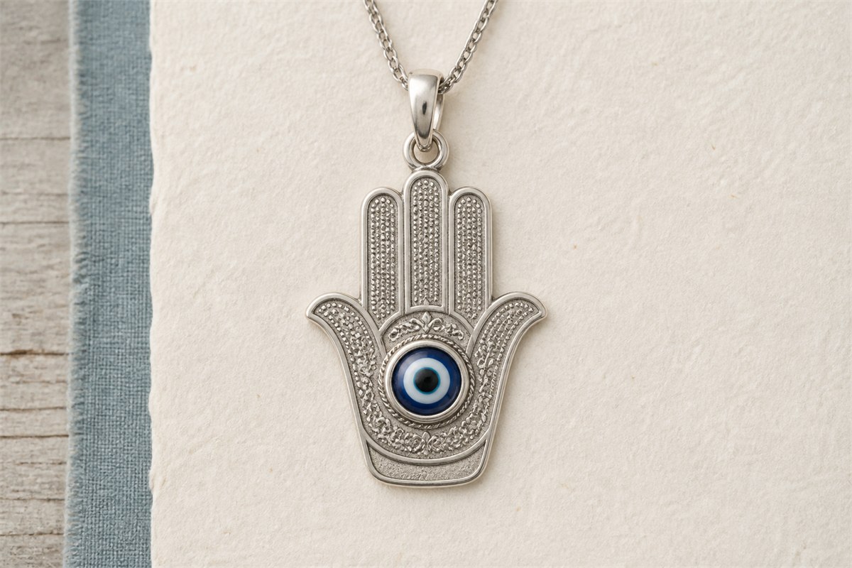 Silver five-finger Hamsa pendant with a blue and white glass eye set in the palm