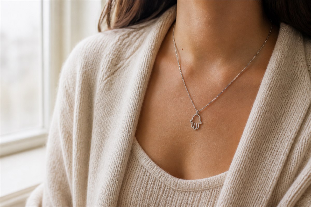 Person wearing a small silver Hamsa pendant with five fingers over cream knit clothing