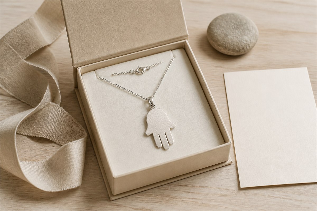 Plain silver Hamsa pendant in an oatmeal jewelry box beside a blank card