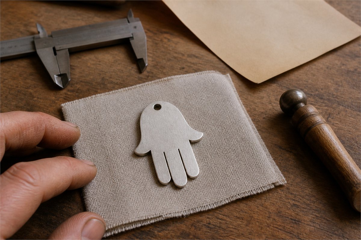 Unfinished silver Hamsa pendant blank with five fingers on a jeweler's linen pad