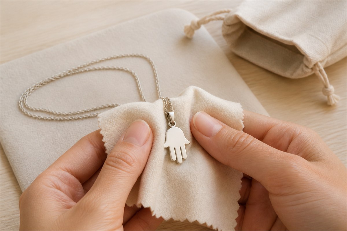 Hands wiping a plain silver Hamsa pendant with a soft cream cloth beside a storage pouch