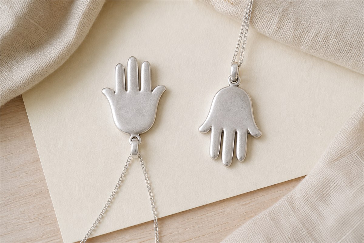Two plain silver Hamsa pendants shown with fingers pointing up and down on ivory paper
