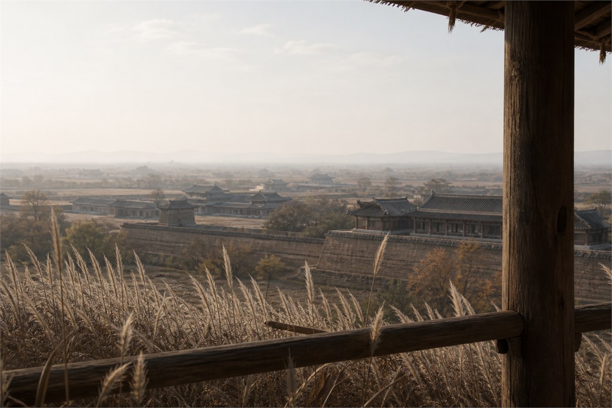 Distant tiled palace rooflines and earthen terraces across a broad plain in morning haze