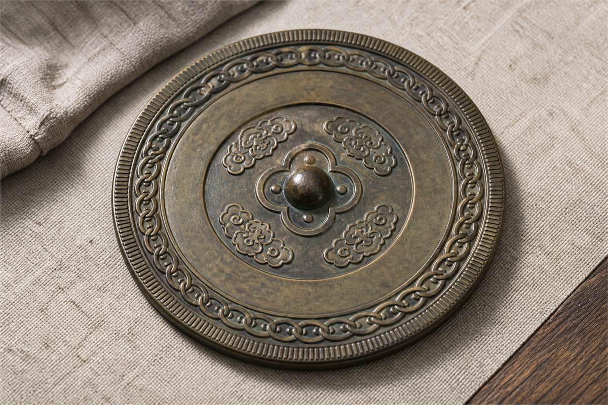 Round bronze mirror back with central knob, four-petal seat, cloud motifs, blank band, and linked-arc border
