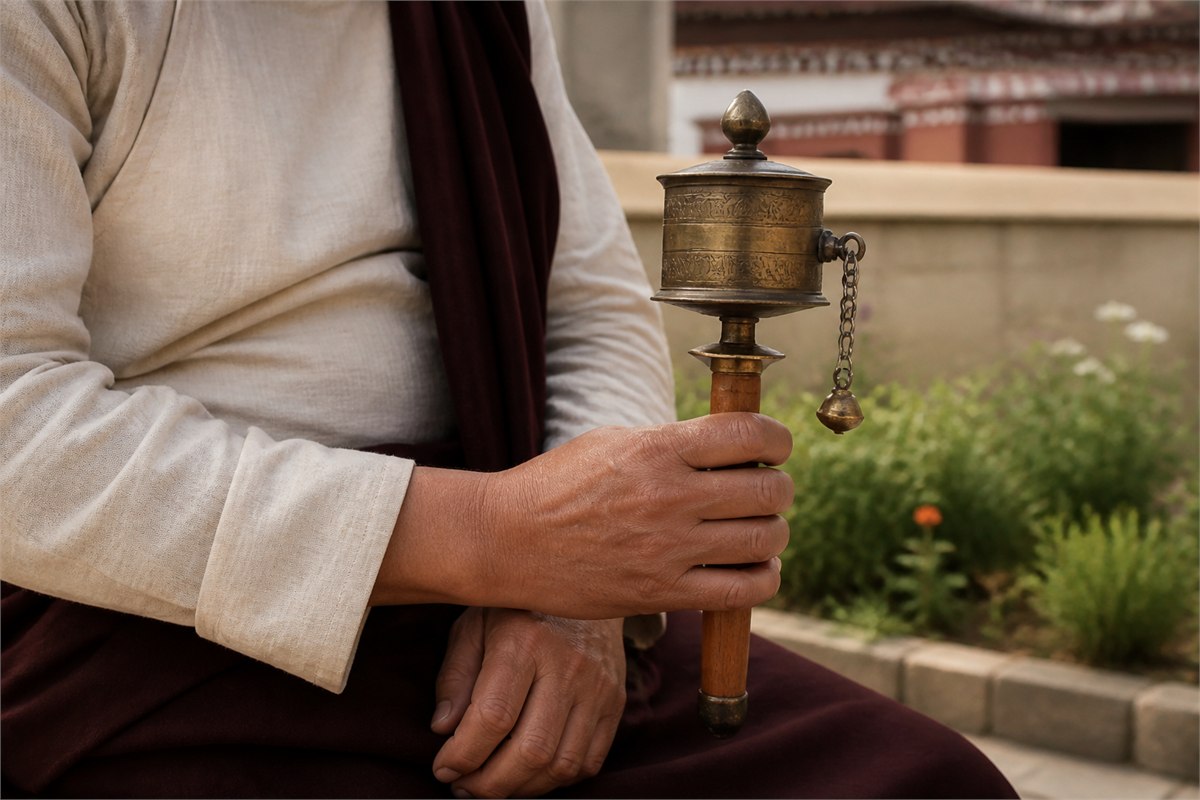 Adult holding a brass handheld prayer wheel with a wooden handle and weighted chain
