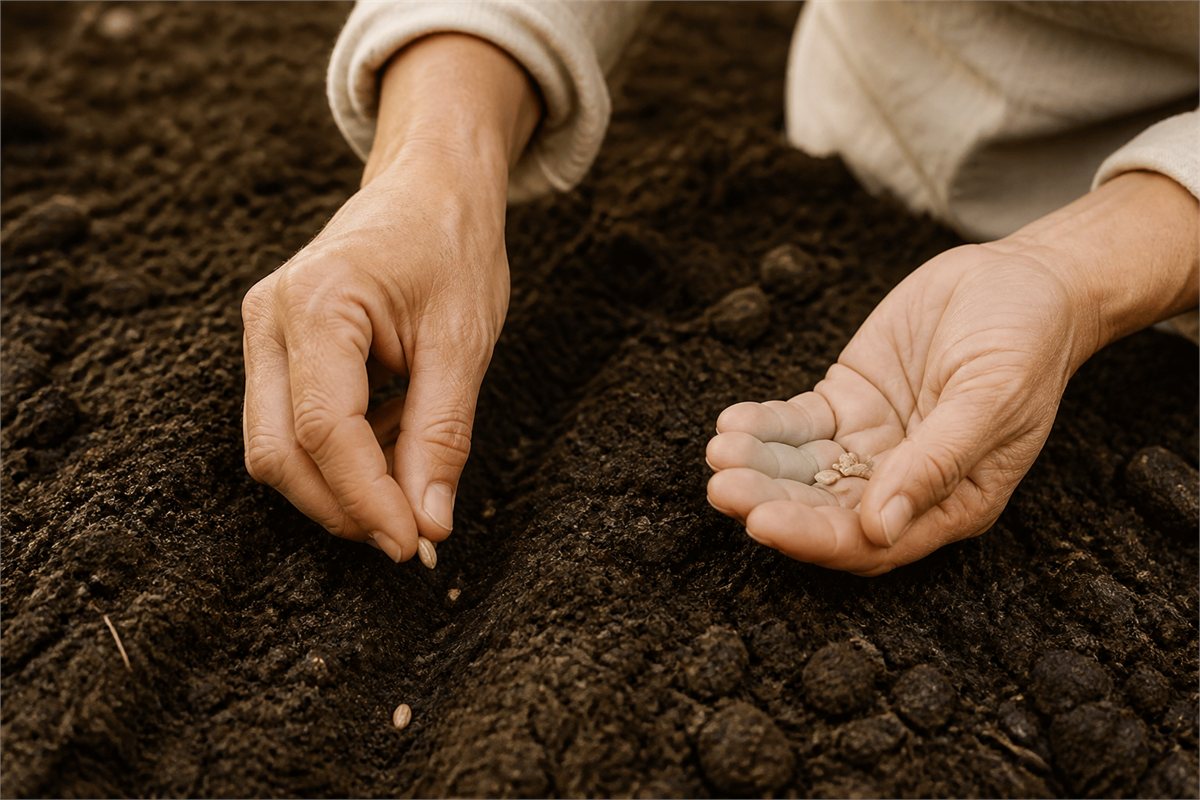 Natural hands placing a few seeds into prepared garden soil