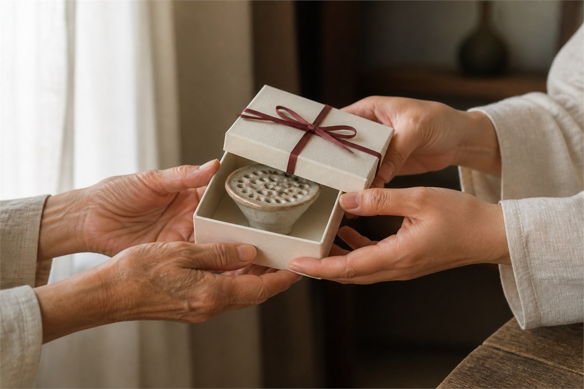 Two adults passing an ivory gift box containing a ceramic lotus seedpod keepsake