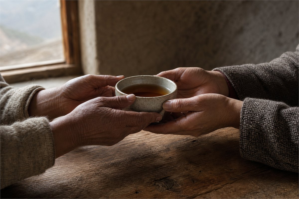 Two adults' hands gently sharing one ceramic cup of tea across a natural wood table