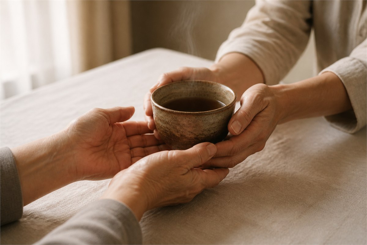 One pair of hands offering a warm ceramic cup to another pair of hands