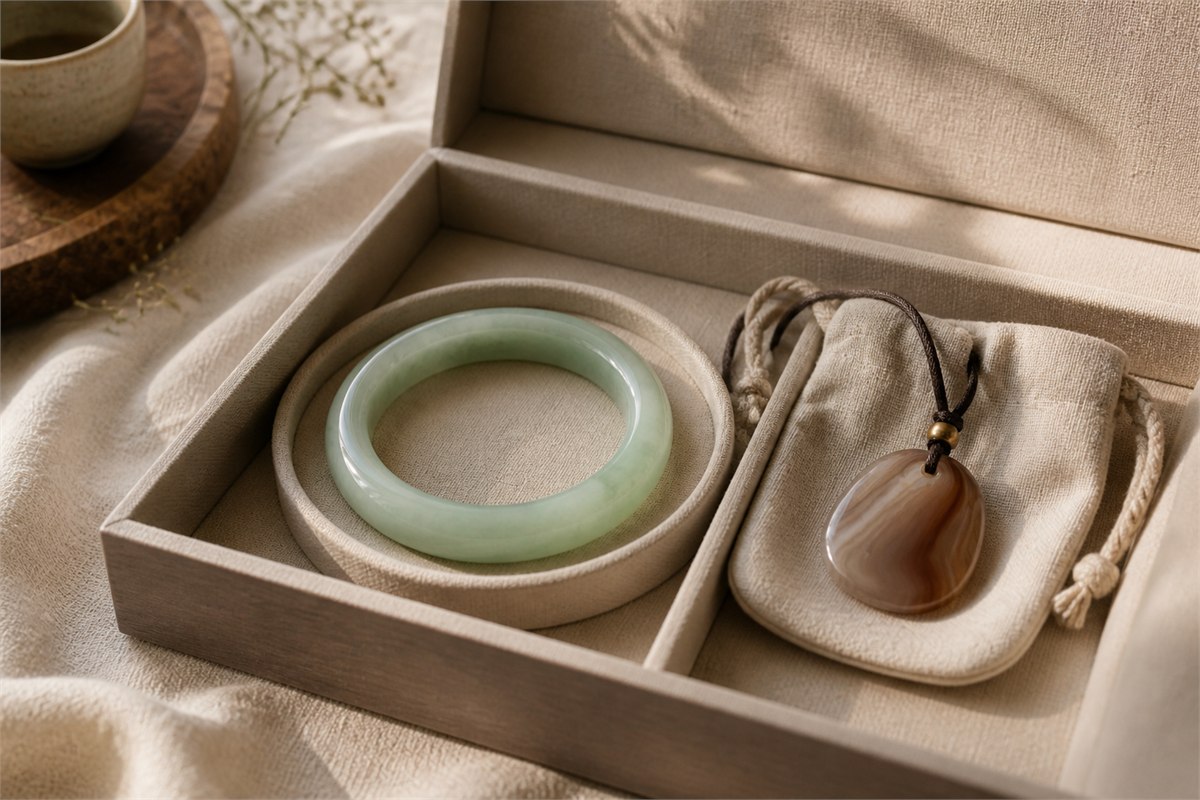 Pale jade bangle in a padded circular compartment beside a banded agate pendant protected on a soft pouch
