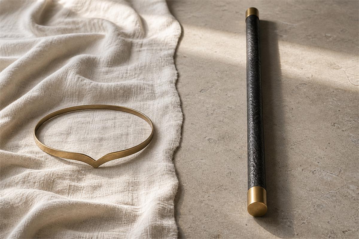 A simple golden fillet on soft linen beside a dark iron staff on firm stone