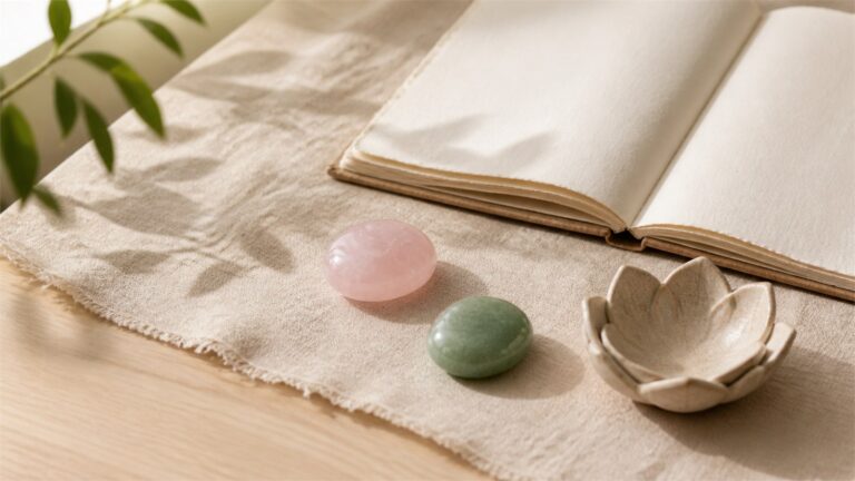 Rose quartz and a green stone beside an open journal and ceramic lotus on warm linen