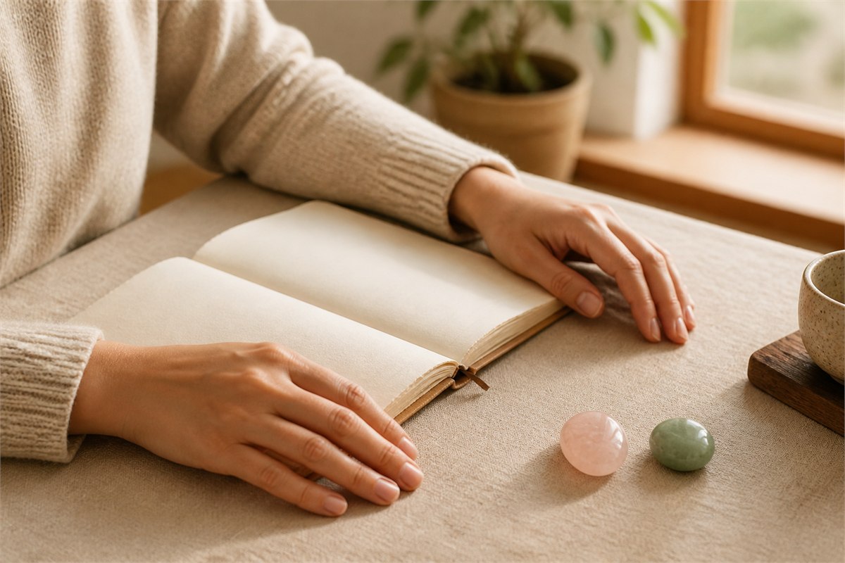 Person writing in a journal beside a small plant and pink and green stones