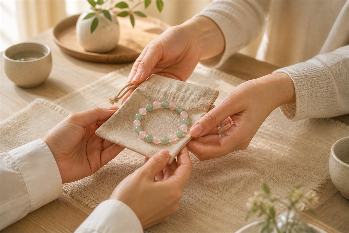 Two people exchanging a pink and green gemstone bracelet on a linen gift pouch
