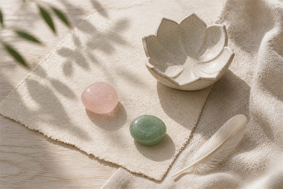 Open blank notebook with a green leaf, pink stone, and green stone arranged on linen